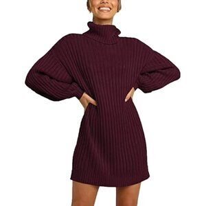 Burgundy Viscose Elastic Ribbed Knit Lantern Sleeves Turtleneck Sweater womn XL